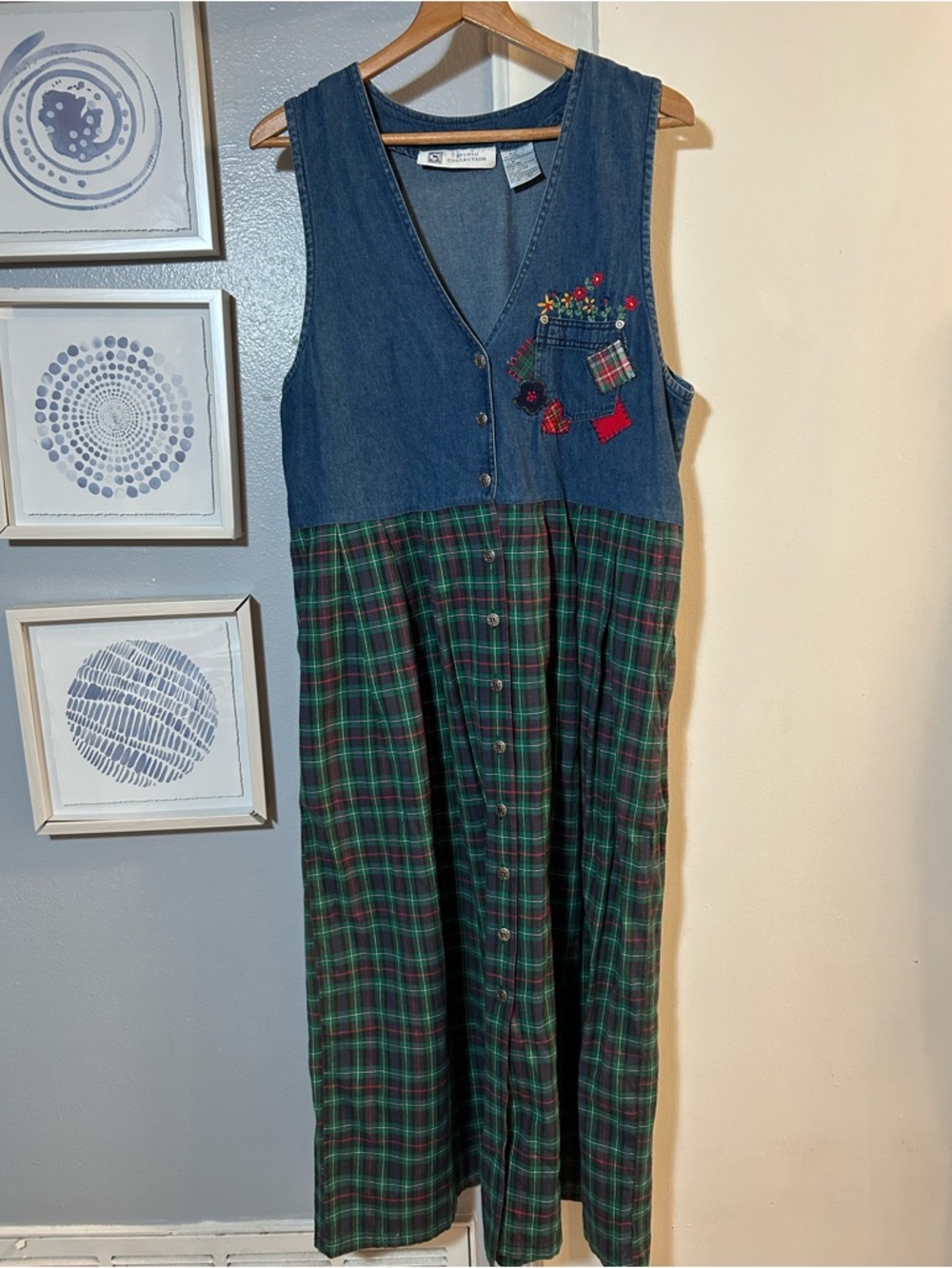 Vintage CS Studio Collection Sleeveless Women’s Denim & Plaid Maxi Dress Pockets